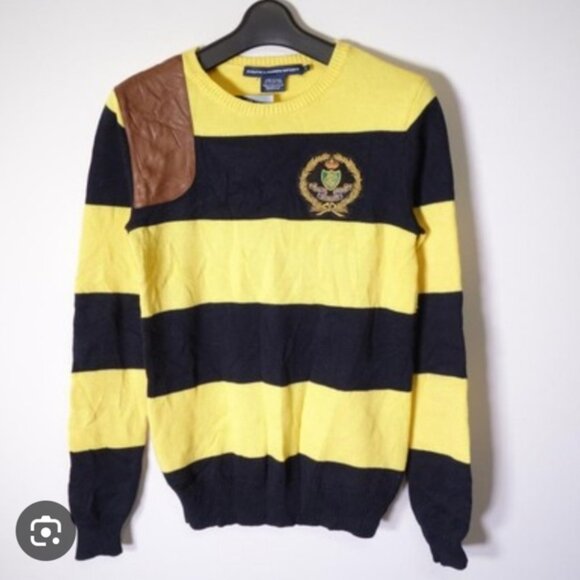 S/M💛Ralph Lauren Sport Men's Yellow&Navy Striped Crewneck Sweater - Picture 2 of 8